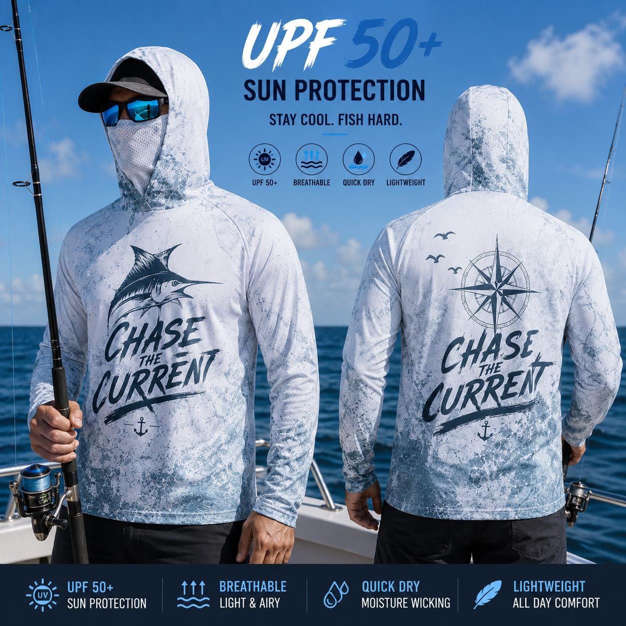 Fishing Mask Sun Protection - Męska koszulka wędkarska z kapturem, długi