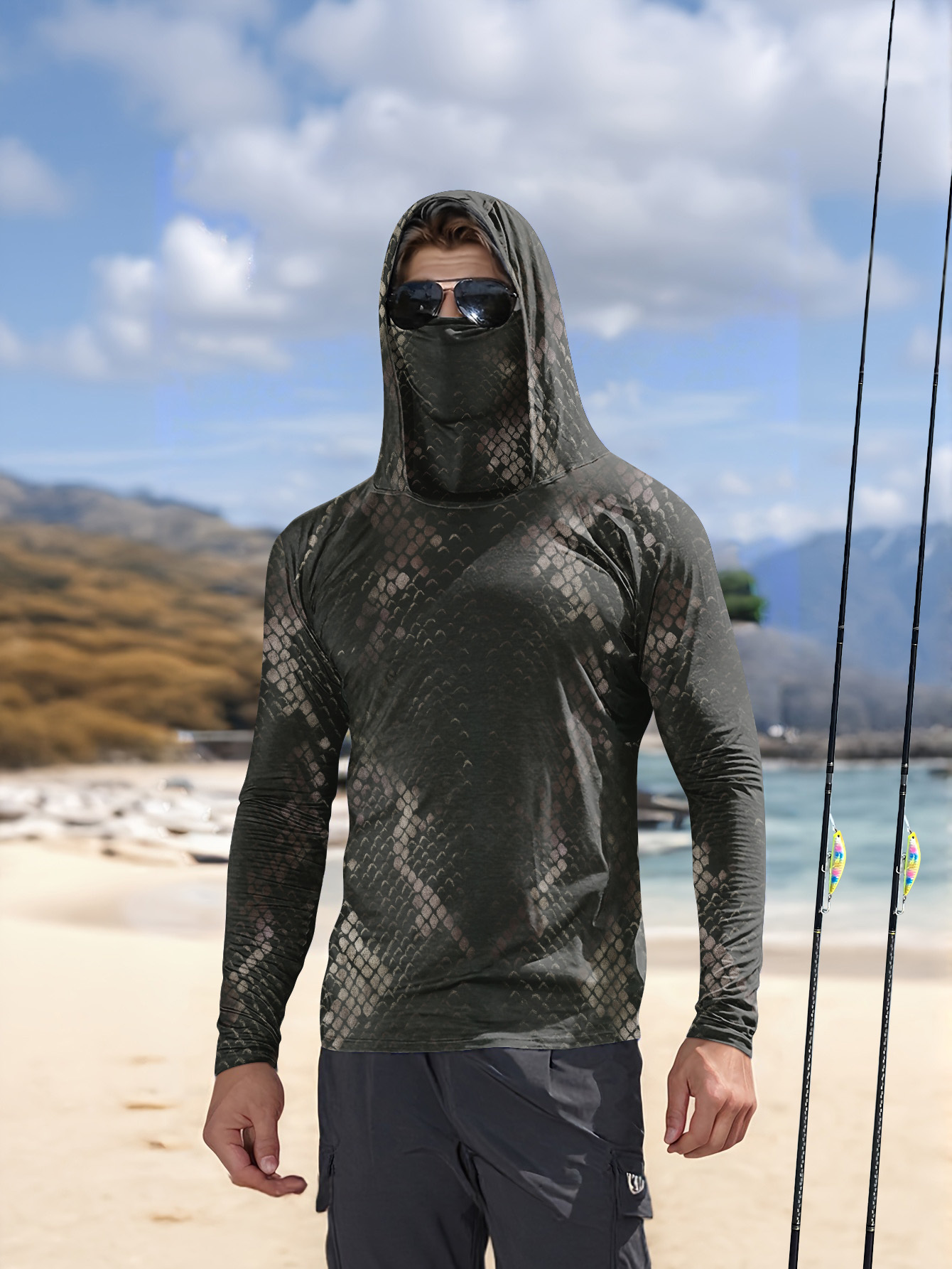 Fishing Shirt Uv Protection - Męska koszulka wędkarska z kapturem, długim