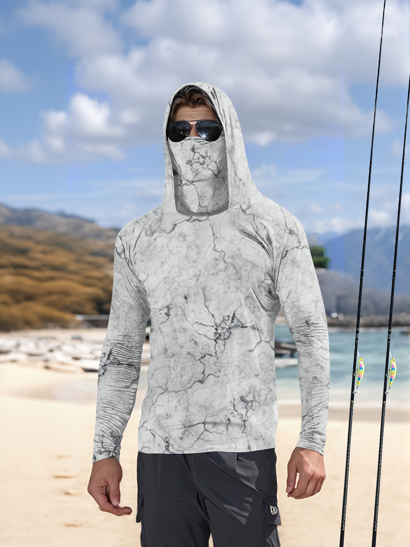 Fishing Shirt Uv Protection - Męska koszulka wędkarska z kapturem, długi